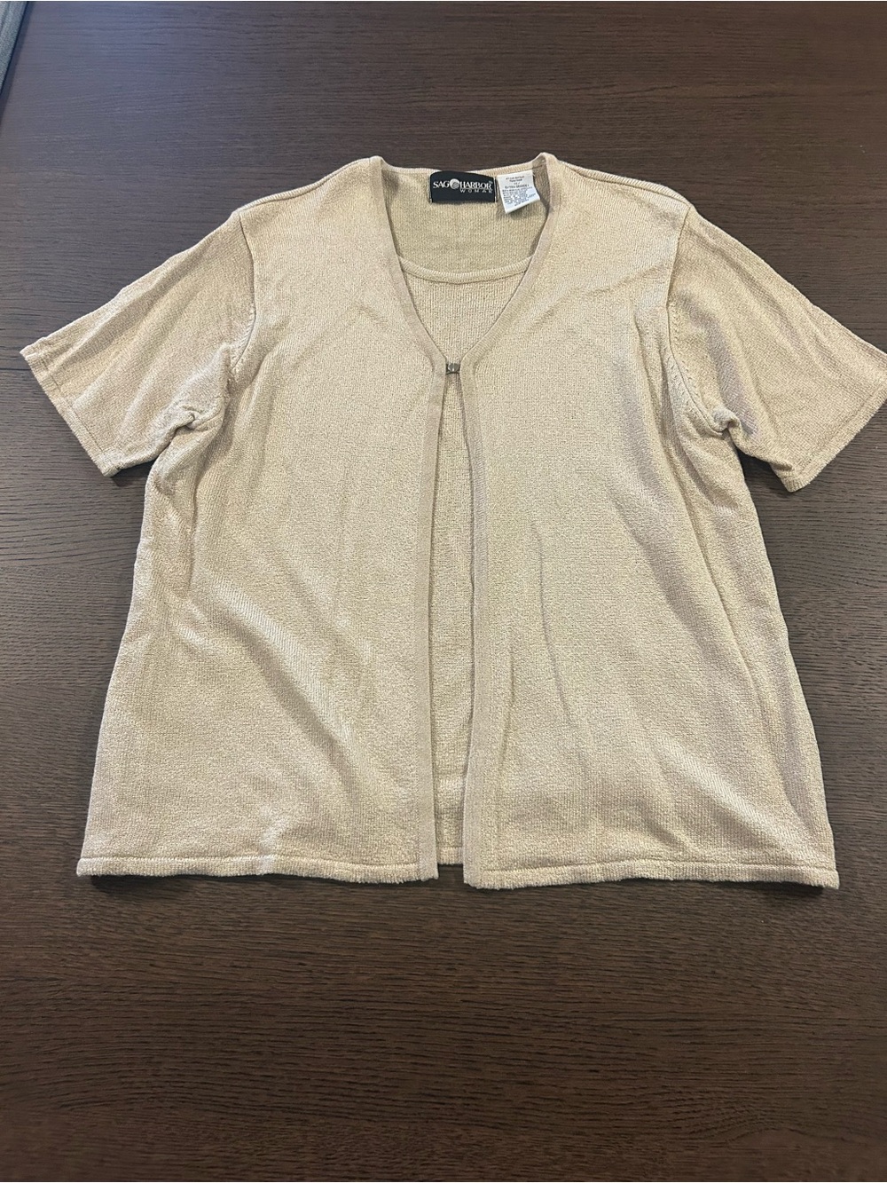 Sag Harbor Women Beige Sweater Short Sleeve Shirt Attached Cardigan Size 1X